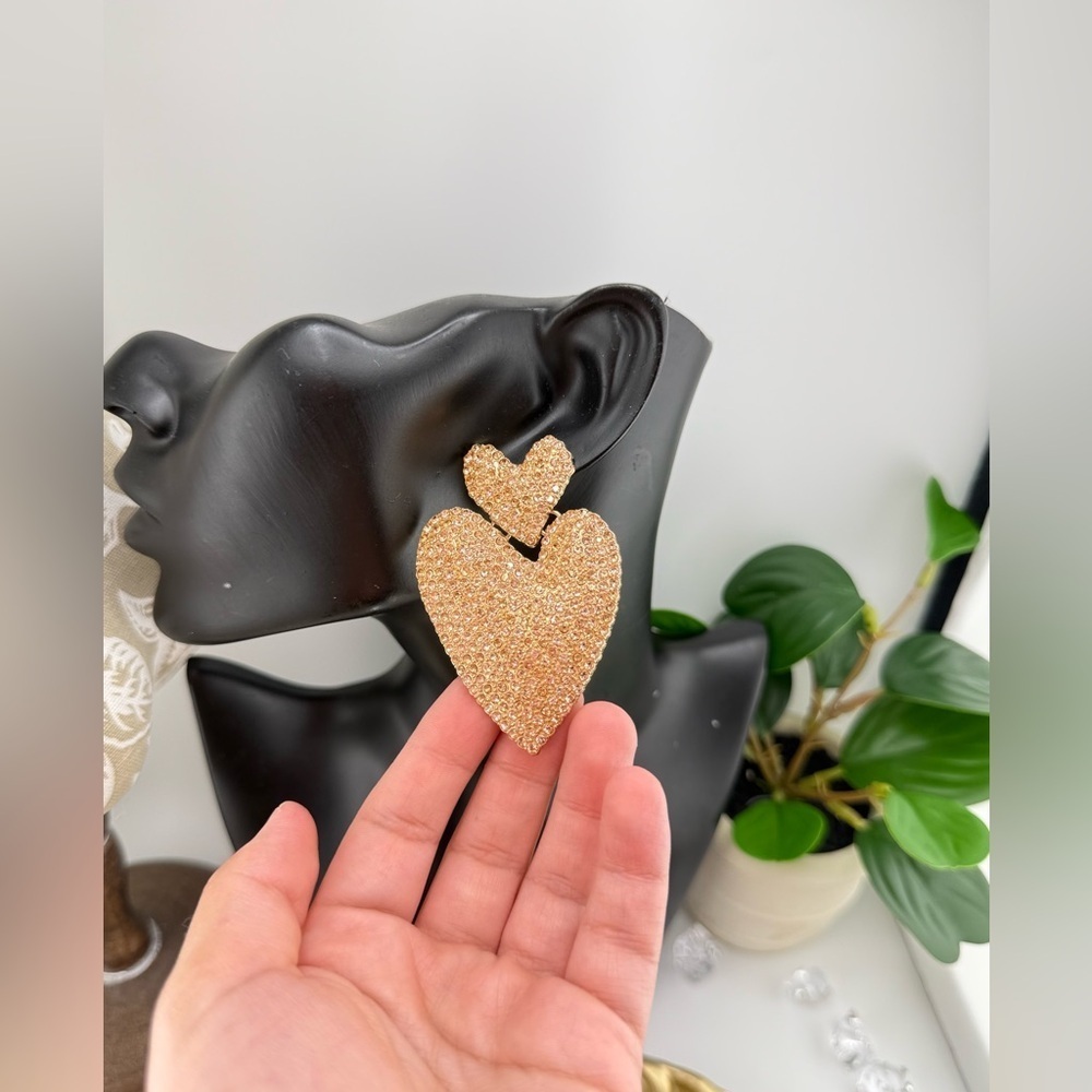 Statement Heart Earrings | Champagne Gold-Tone Rhinestone Drop Dangles - Picture 8 of 11